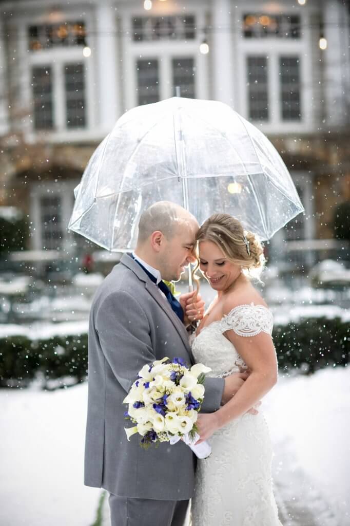 Bride and Groom in the snow at the New Jersey Wedding Venue Olde Mill Inn