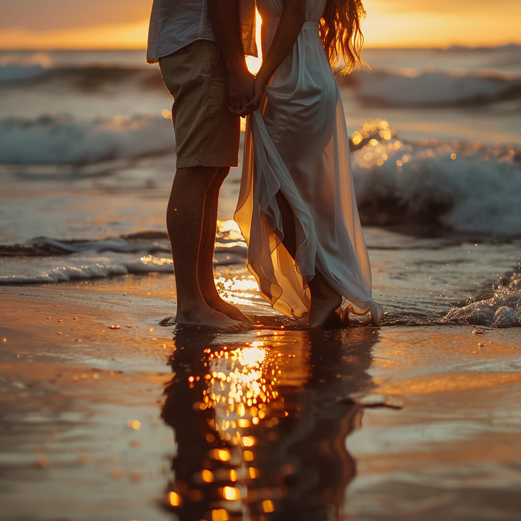 couple chest to chest on the beach. seasonal photo ideas for engagement session