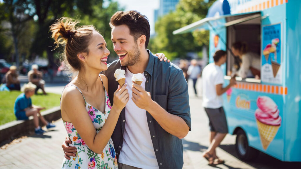 couple sharing an ice cream cone for engagement session in the summer