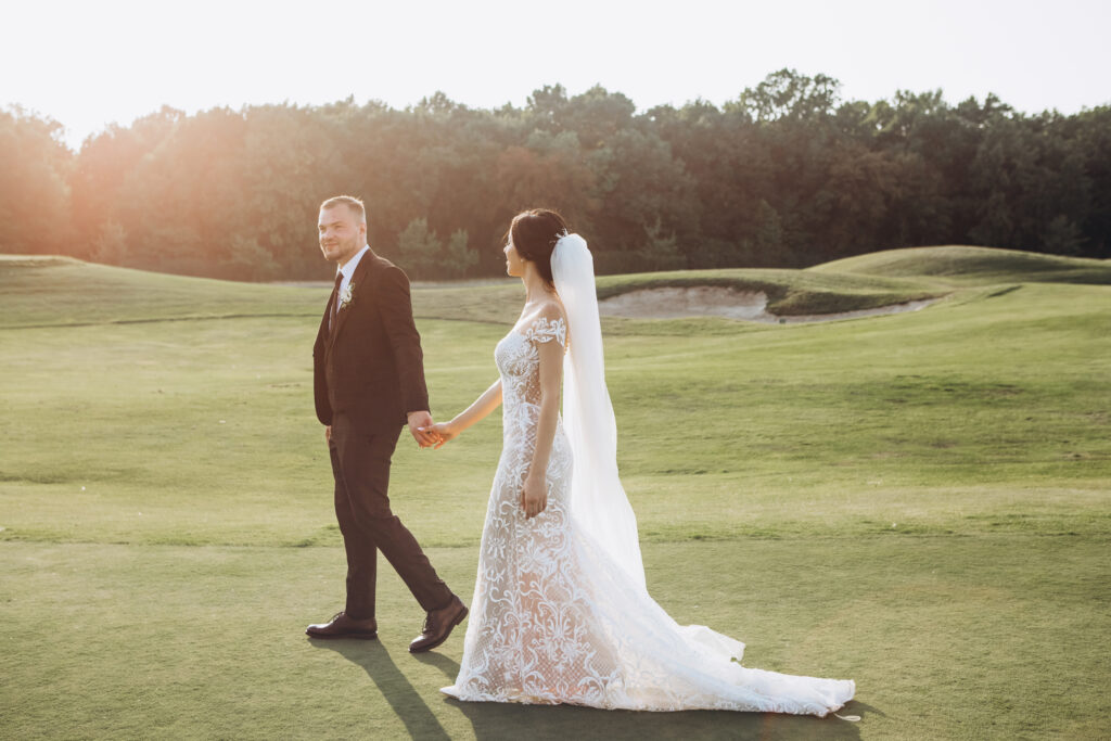 lake nona country club bride and groom at sunset on golf course