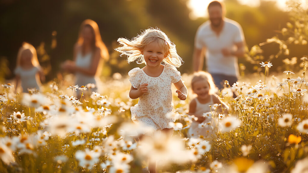 A family playing together in a field of daisies, with children running through the flowers and parents laughing