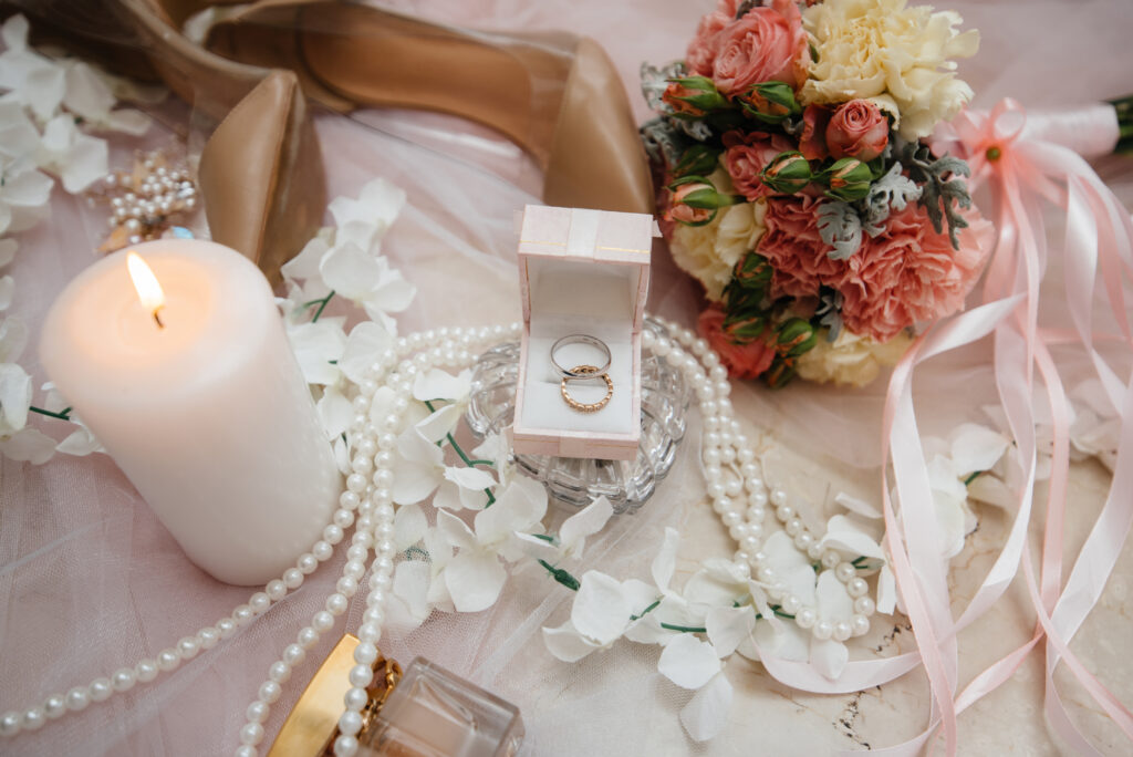 Wedding rings and other accessories close-up during the bride's gathering. Wedding. The Latest Photography Trends in Wedding Photography