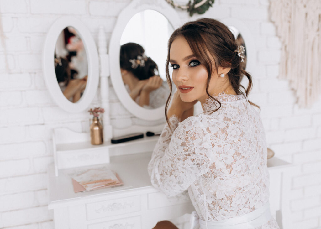 bride looks at camera