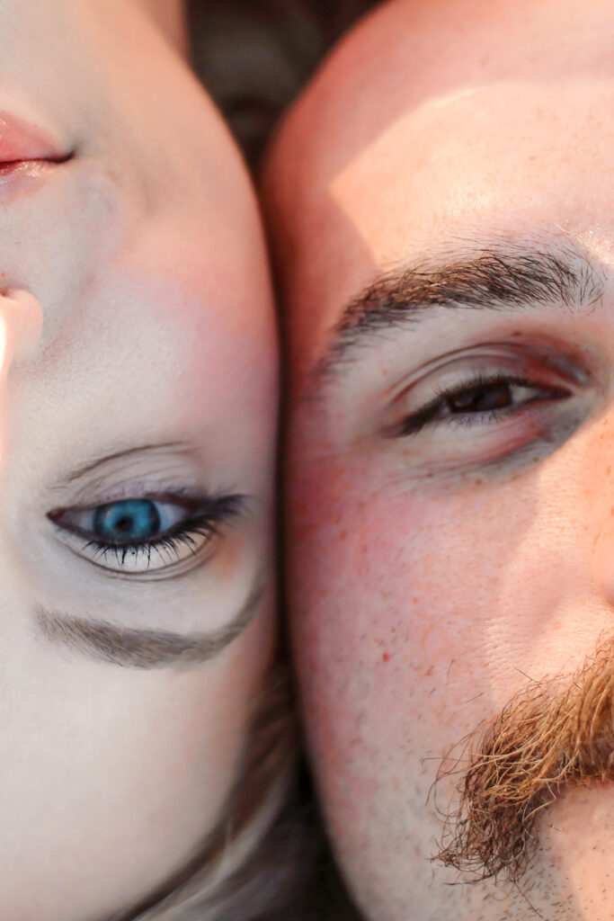 side by side of eyes of couple laying down