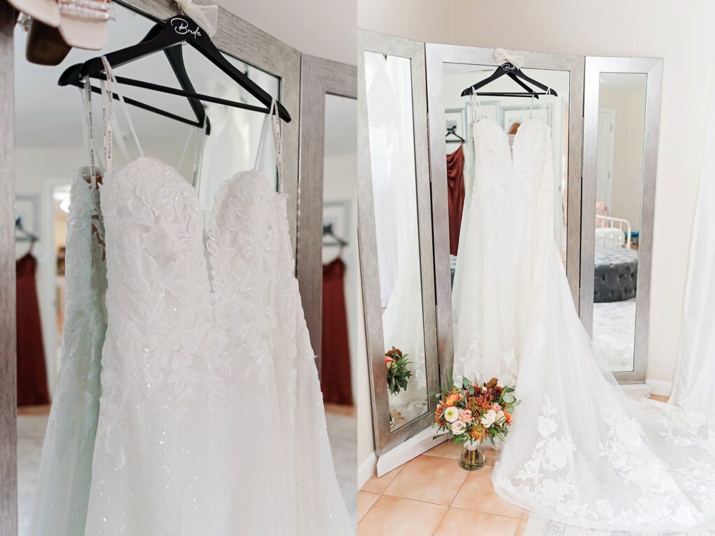 Brides wedding dress hanging on a miror